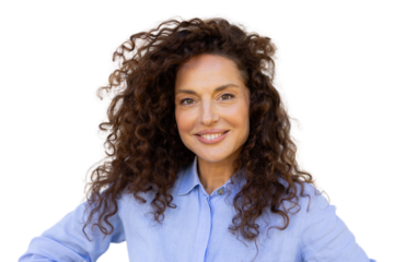 Curly-haired businesswoman smiling confidently against transparent background