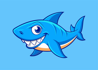 Obraz premium Smiling Shark Icon: A friendly, vibrant shark with a cheerful grin against a simple backdrop, ideal for conveying playfulness and marine themes.