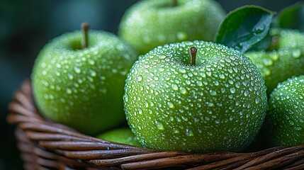 Closeup Of Fresh Green Apples With Water Drops In A Basket