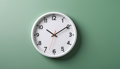A white circular wall clock shows the current time with minute and hour hands, against a green wall background.