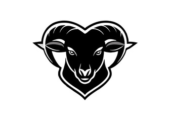 Naklejka premium Heart of a Ram: A powerful silhouette of a ram's head encased within a heart shape, a striking and bold graphic design conveying strength, love, and resilience. 