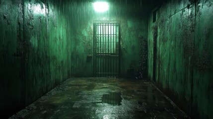 Creepy Dungeon with Wet Walls and Barred Door Haunted Atmosphere Green Lighting Horror Scene