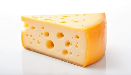 A slice of yellow milk cheese, isolated on a white background, is a healthy gourmet snack.