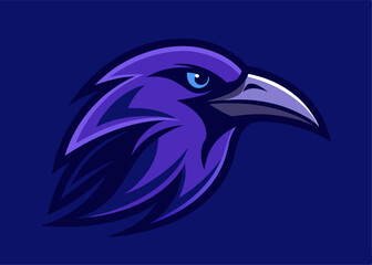 Obraz premium Purple Raven Mascot: A fierce purple raven with striking blue eyes, a sharp beak, and flowing feathers is presented against a dark blue background.