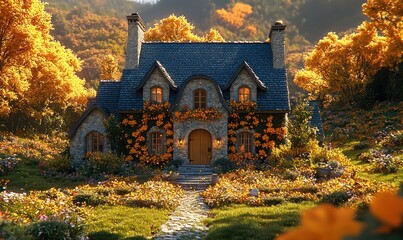 Charming stone cottage nestled in autumnal woods, surrounded by vibrant flowers and foliage, bathed in warm sunlight