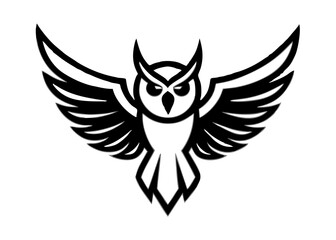 Obraz premium Symbol of Wisdom: A bold black-and-white graphic of an owl in flight, symbolizing wisdom and knowledge. This striking illustration embodies the essence of intellectual power and insight.