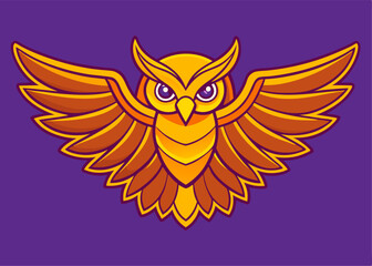 Obraz premium Golden Owl Emblem: A striking, artistic representation of an owl, featuring vibrant golden hues on a regal purple backdrop, embodies wisdom and knowledge.