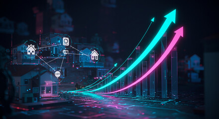 Digital representation of real estate market growth with rising bar graph and connected houses