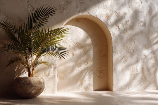 Fototapeta Palm Plant Near Archway with Sunlight on Textured Wall Interior