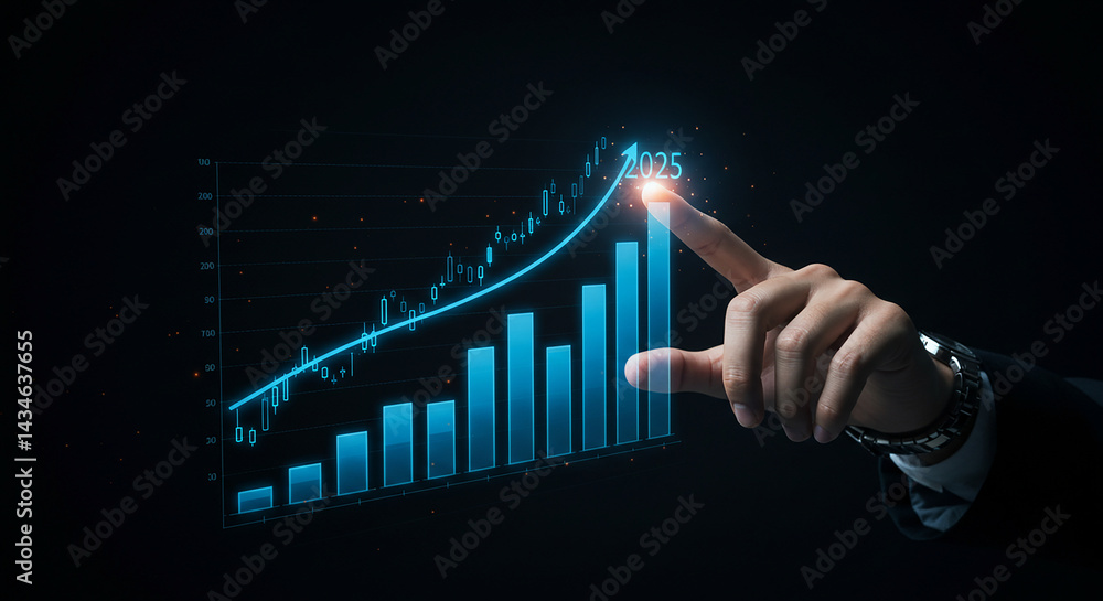 Poster a hand pointing at a glowing bar graph with an upward trend and the year projected as twenty twenty 