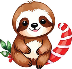 Obraz premium Festive Sloth With Candy Cane Tail Watercolor Illustration For Vector Holiday Greetings Childrens Designs