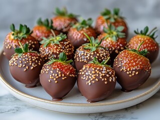 Chocolate-covered strawberries, adorned with golden sprinkles, arranged on a plate