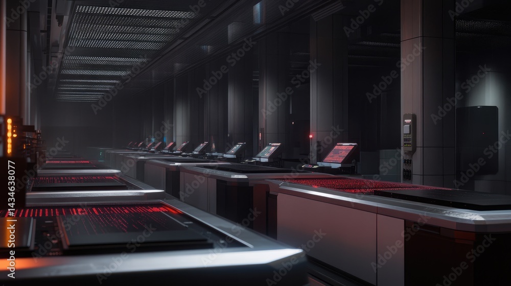 Poster modern electronics factory with circuit board assembly line and pick-and-place machines