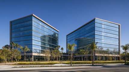 Obraz premium Modern commercial office buildings under clear blue sky with glass facades reflecting urban landscape, no people