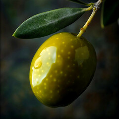 Close-up of a green olive on a branch with a leaf, showcasing texture and water droplets.