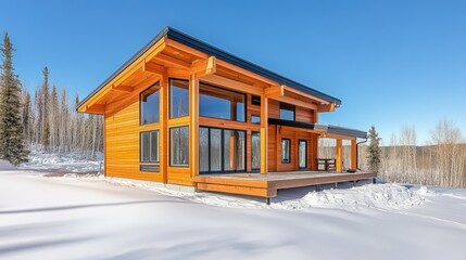 Modern home being built with structural framing complete, blue sky background, no people