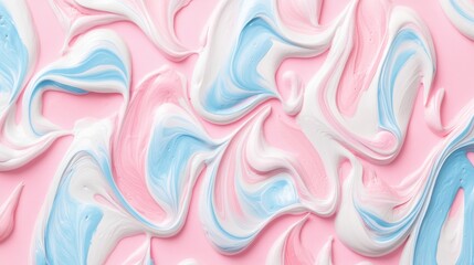 Obraz premium A swirling pattern of pastel pink, white, and light blue paint.