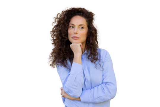 Thoughtful businesswoman with curly hair holding her hand on her chin while looking away on a transparent background - Powered by Adobe