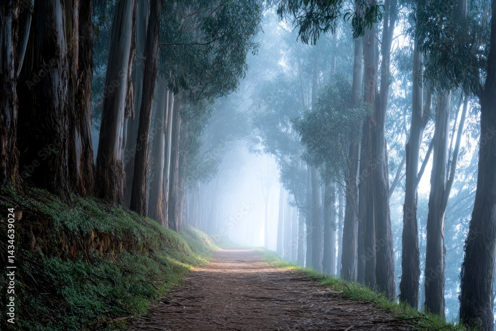 Poster walking on forest path in the fog with trees on sides