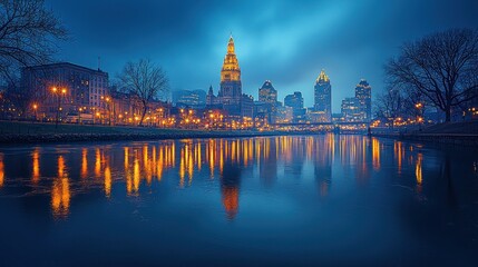 Obraz premium City skyline at twilight reflected in calm water. Buildings illuminated, trees bare