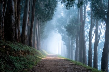 Obraz premium Walking on Forest Path in the Fog with Trees on Sides