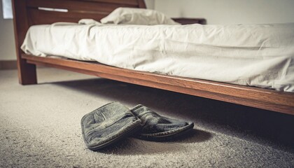 A pair of old, worn slippers left beside an unused bed - Loneliness
