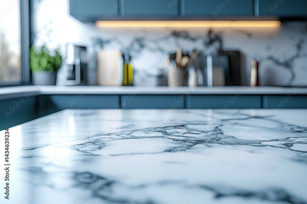 Poster a kitchen counter with a marble top and a view of the counter
