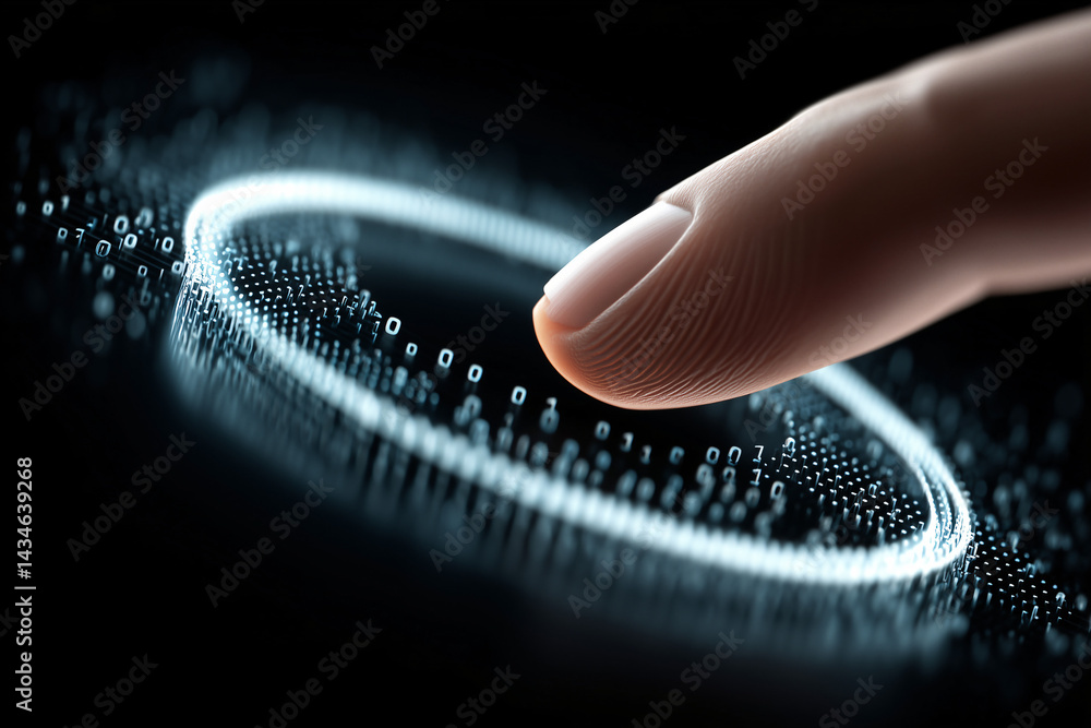 Poster digital touch: a close-up of a finger interacting with an illuminated digital interface, representin