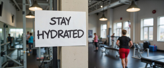 Obraz premium Motivational sign reminding gym-goers to stay hydrated indoors, fitness health