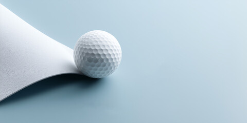 Golf Ball on Blue Surface: A single, pristine golf ball sits on a soft blue surface, with a dynamic paper element. 