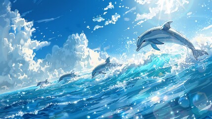Fototapeta premium Playful pod of dolphins leaping out of the ocean crystal clear blue waters reflecting the bright sun dynamic marine wildlife shot