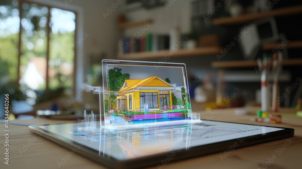 Poster tablet showing d render of a property portfolio with graphs and market indicators, no people