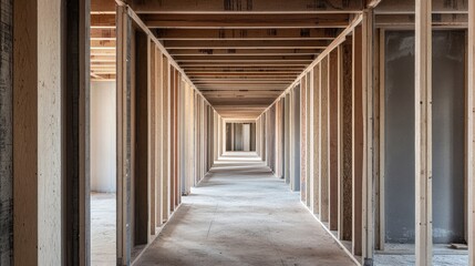 Fototapeta premium View from inside a home under construction looking through open wall frames, no people
