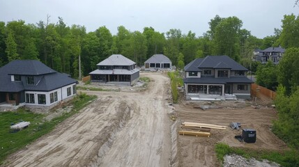Wide shot of new construction zone with several homes in varying build stages, no people