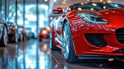 Sleek red sports car in a modern car showroom