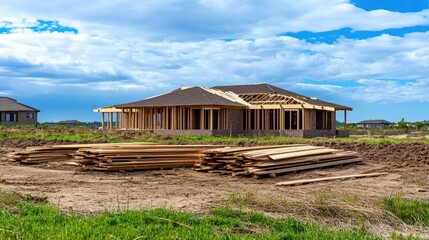 Fototapeta premium Wooden planks stacked neatly near partially framed residential structure, no people