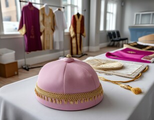 Ecclesiastical garments on display: pink biretta, clergy attire, liturgical vestments