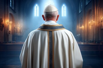 Naklejka premium Elderly caucasian male clergyman in liturgical vestments standing in church interior