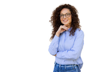 Professional businesswoman smiling confidently, resting hand on chin against transparent backdrop