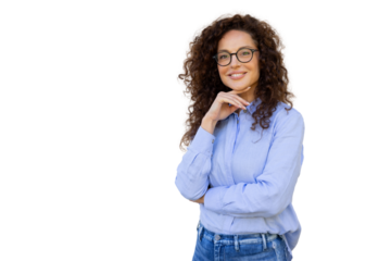 Professional businesswoman smiling confidently, resting hand on chin against transparent backdrop
