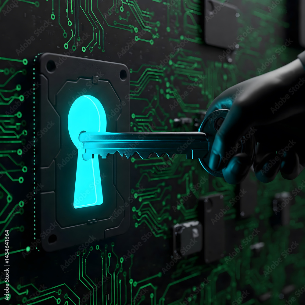 Poster hand inserting a key into a glowing keyhole on a dark surface with a circuit board pattern. generati