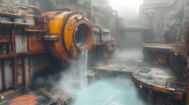 Futuristic Industrial Scene with Waterfall and Steam Cyberpunk Aesthetic Urban Decay PostAp