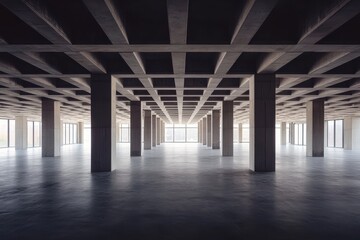 Empty, modern, industrial open-plan office space with exposed concrete structure