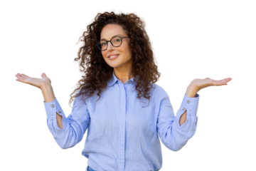 Cheerful businesswoman presenting something with open hands, isolated on transparent background