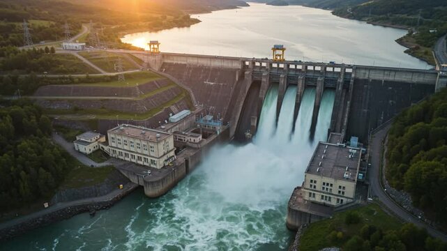 Majestic hydroelectric dam aerial footage at golden hour. Water discharge from massive structure, reservoir view