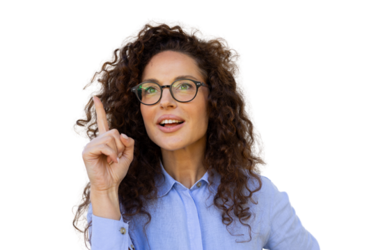 Businesswoman pointing her finger up having a good idea with transparent background