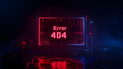 Error 404: A digital 3D render, with a striking neon glow, displays the error message, signaling a technological glitch in a futuristic setting. 