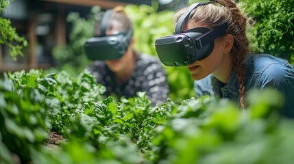 VR gardening revolution! Two people explore a virtual garden, merging technology and nature. Experiencing immersive agriculture. Innovation in farming. Future Farming Background