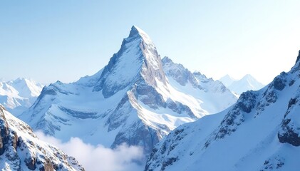 Obraz premium Snow-covered mountain peak against bright white sky, frost, white, serene
