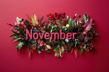 Vibrant autumn-themed arrangement displays leaves, berries, and pinecones with the word November prominently featured in bold letters, set against a rich red backdrop, evoking seasonal warmth.
